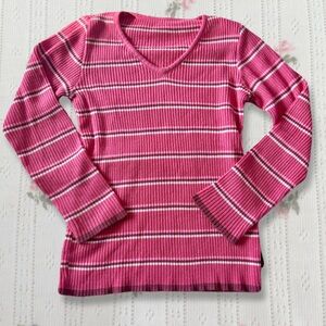 🌷 Pink and Mauve Striped V Neck Sweater